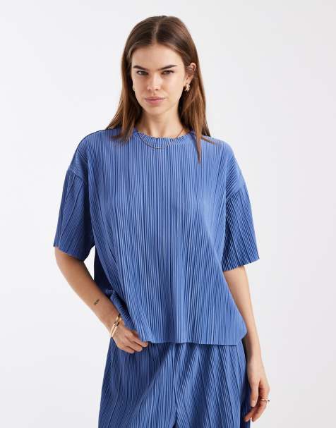 ONLY - T-shirt squadrata plissé blu in coordinato - view 1