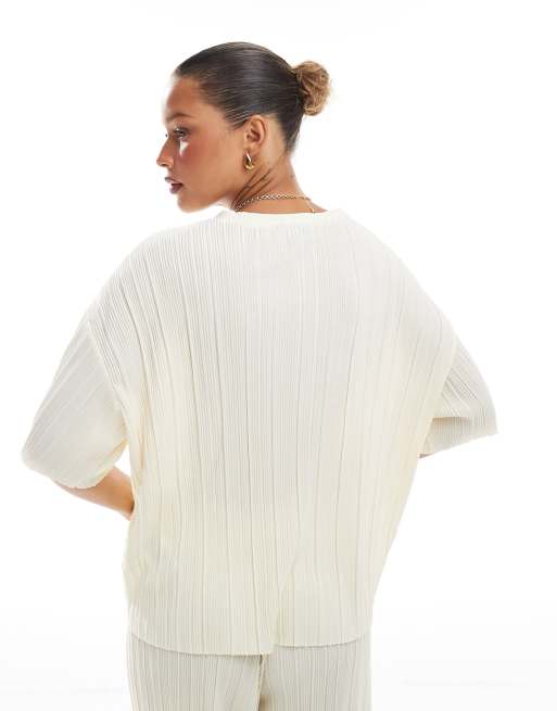 ONLY - T-shirt squadrata plissé color latticello in coordinato, 2 di 4