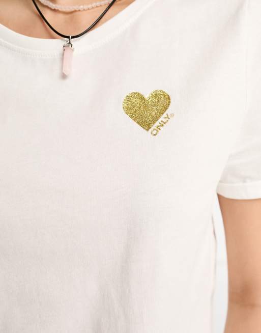 Only - T-shirt stampata bianca a cuori , 2 di 4