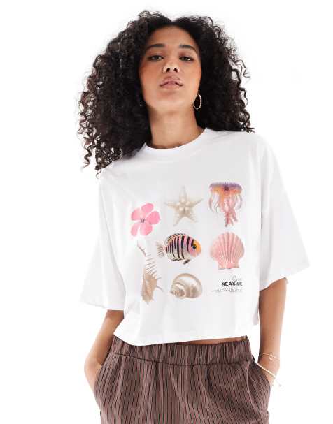 ONLY - T-shirt taglio corto bianca con grafica con conchiglie - view 1