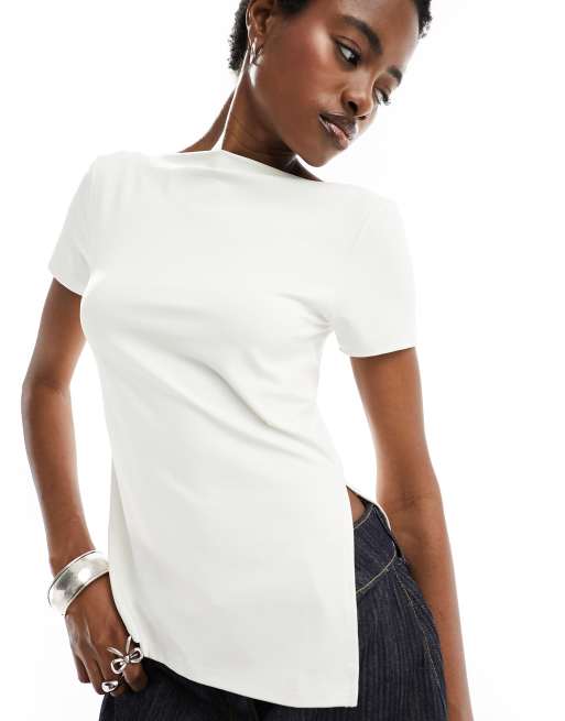 ONLY - T-shirt taglio lungo color crema con maniche ad aletta e spacco laterale 