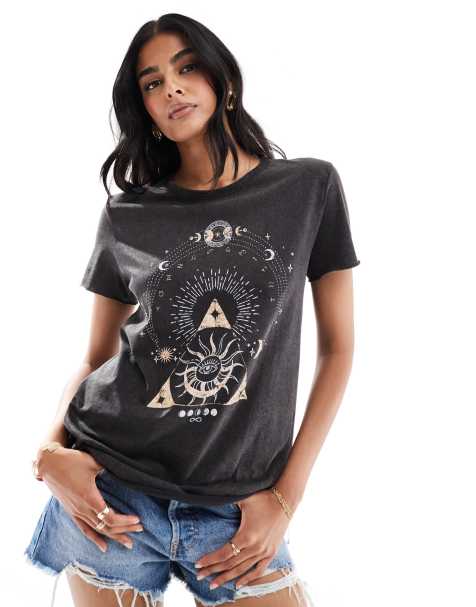 ONLY – T-shirt w spranym czarnym kolorze z astrologicznym nadrukiem - view 1
