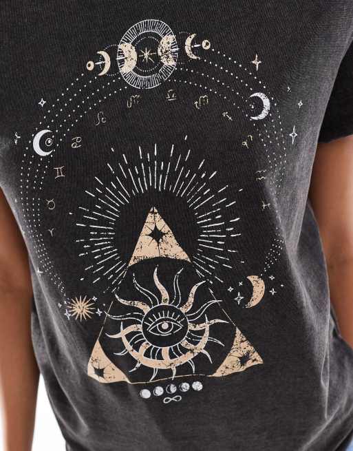 ONLY – T-shirt w spranym czarnym kolorze z astrologicznym nadrukiem, 2 z 4