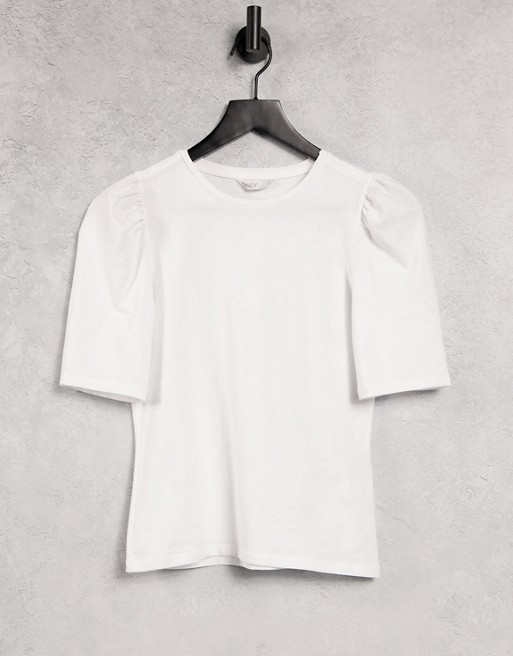 Only organic cotton t-shirt with gather short sleeves in white