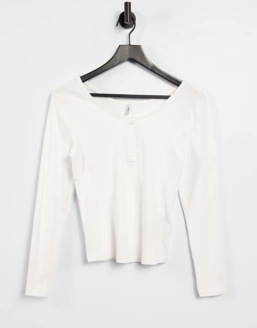 Only T-shirt with scoop neck and button front in white