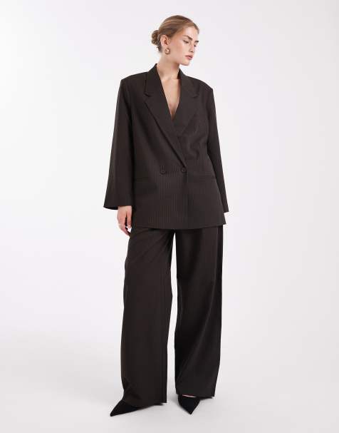 ONLY tailored blazer & trousers co-ord in brown pinstripe - view 1