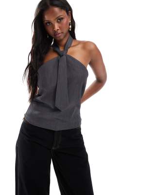 tailored halterneck top with tie detail in gray