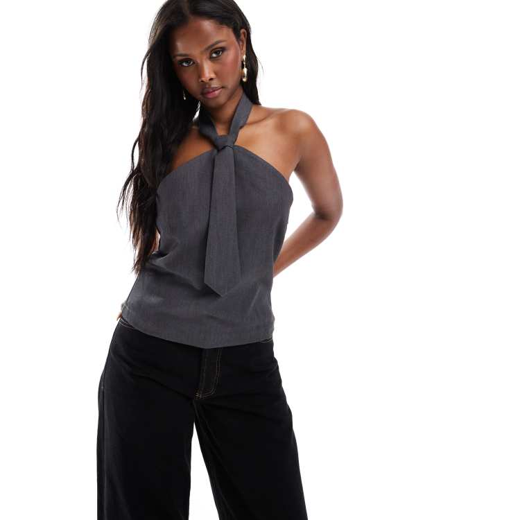 ONLY tailored halterneck top with tie detail in gray | ASOS