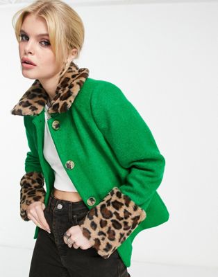 Only tailored jacket with leopard faux fur cuffs in green