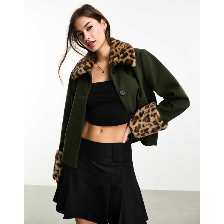 Only tailored jacket with removable leopard faux fur in khaki ASOS