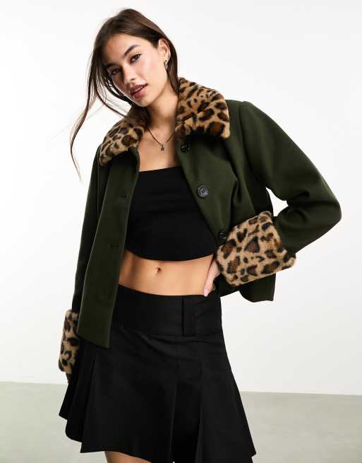 ONLY tailored jacket with removable leopard faux fur in khaki 
