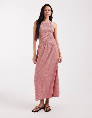 ONLY Tall - Ärmelloses, gesmoktes Midaxi-Kleid mit rotem Vichy-Karo