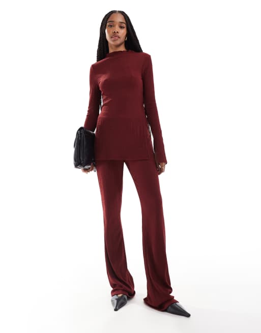 ONLY Tall - Broek met hoge taille en structuur in bordeauxrood, deel van co-ord set
