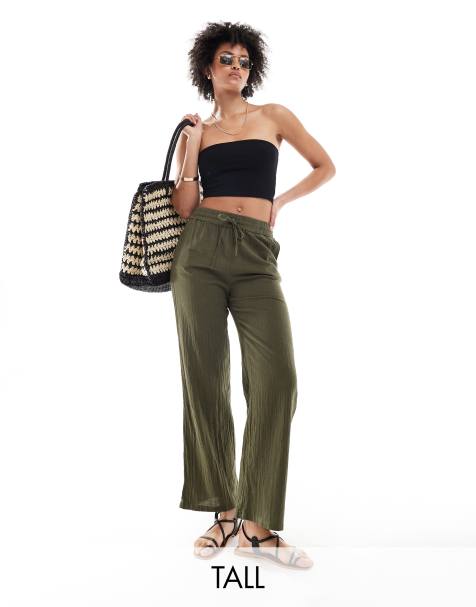 ONLY Tall - Broek met wijde pijpen en linnen textuur in kaki - view 1