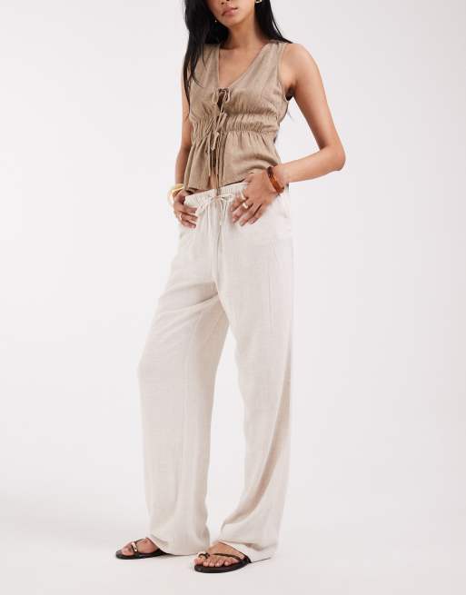 ONLY Tall - Broek van linnenmix met wijde pijpen en elastische taille in beige, 2 van 5