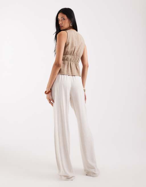 ONLY Tall - Broek van linnenmix met wijde pijpen en elastische taille in beige, 4 van 5