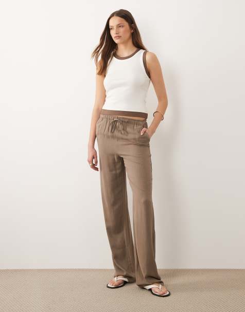 ONLY Tall - Broek van linnenmix met wijde pijpen en elastische taille in bruin - view 1