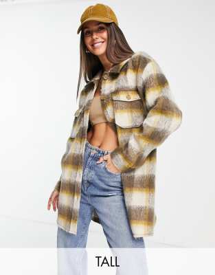 brushed shacket in brown & yellow check