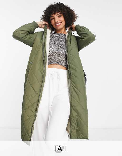 Only Tall - Cappotto trapuntato taglio lungo con cappuccio effetto peluche kaki