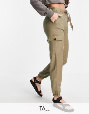 Only Tall cargo trouser with tie waist in khaki-Green