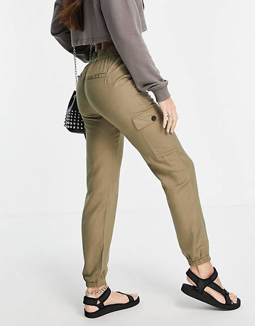  Only Tall cargo trouser with tie waist in khaki 