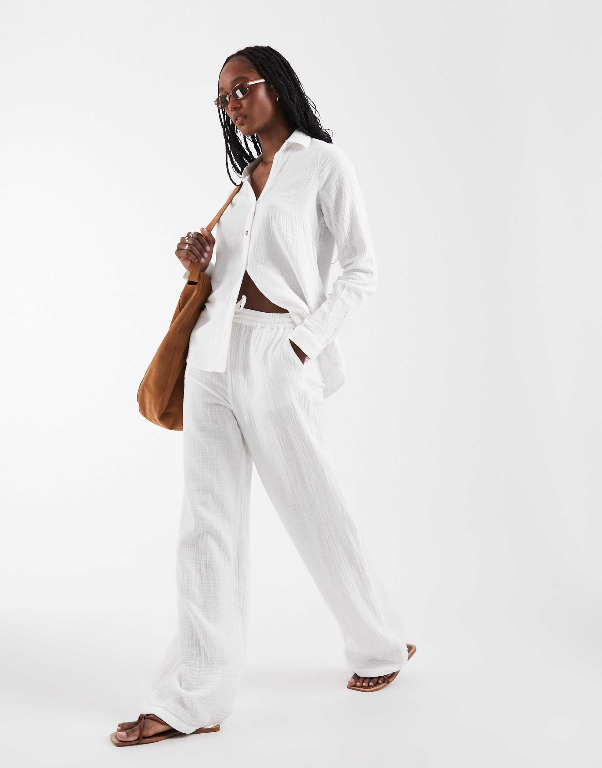 only tall cheesecloth wide leg pants in white - part of a set