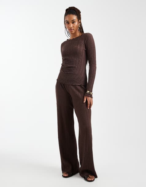 ONLY Tall – Chokladbrunt, texturerat set med långärmad topp och vida byxor - view 1