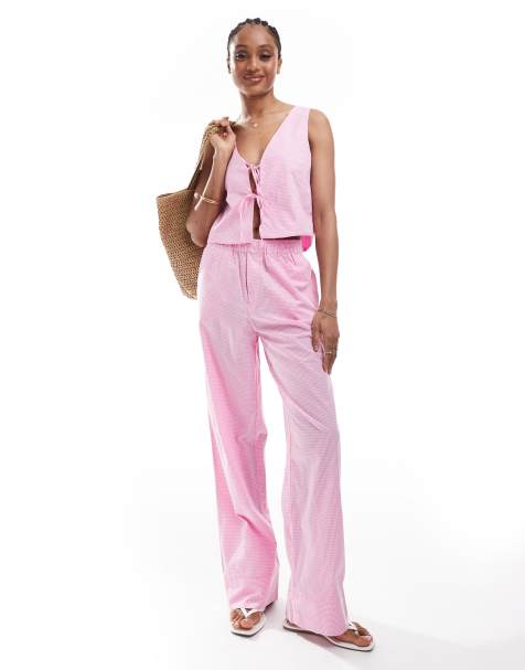 ONLY Tall - Co-ord set met hemdje met gestrikte voorkant en broek met gingham ruit in roze - view 1