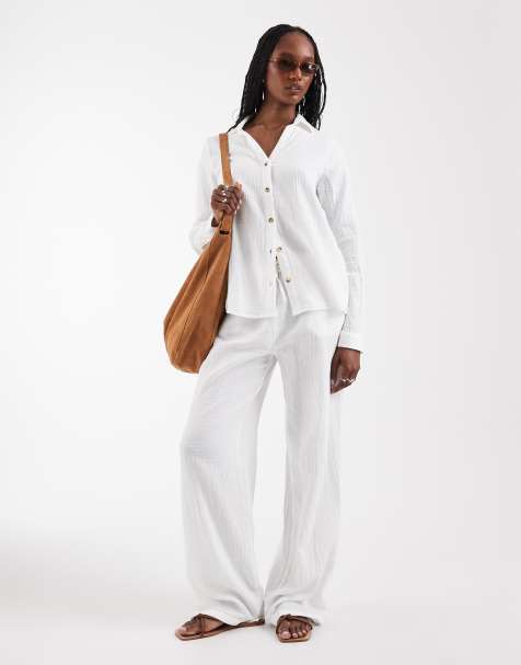 ONLY Tall - Co-ord set van overhemd en broek met wijde pijpen van kaasdoek in wit - view 1