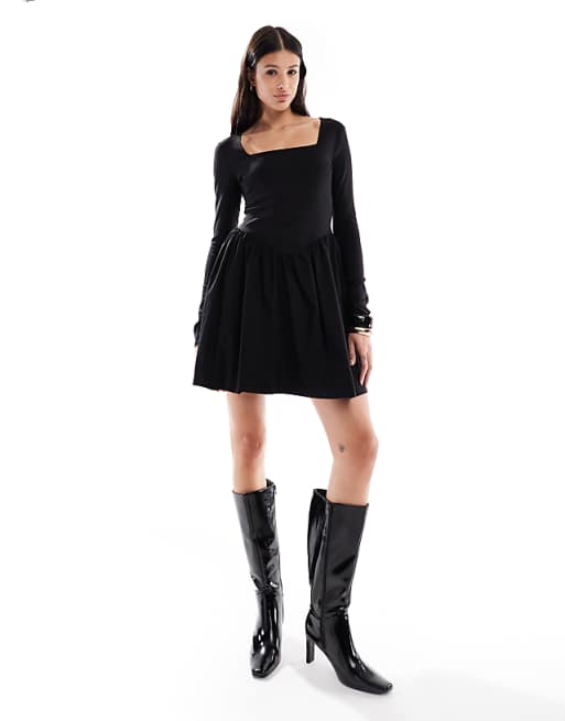 long sleeve corset mini dress IDOPIP Women Bell Floral Lace Tie Front Ruffle Dress Empire Waist Club Cocktail Party Dress Formal Prom Costume Outfit Sexy Date Night Going Out Dress Black Also available in white! Only Tall - Long Sleeve