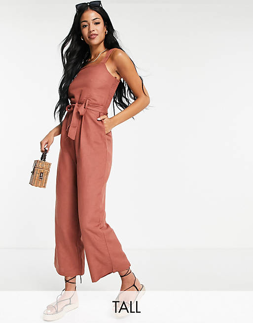Only Tall crop jumpsuit with tie waist in burgundy