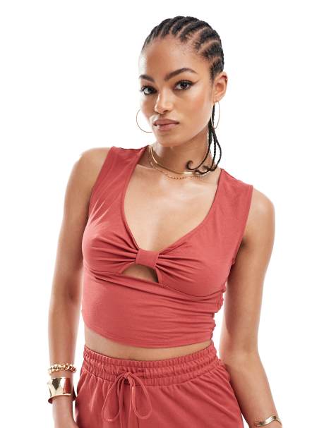 ONLY Tall - Crop top color ruggine arricciato in coordinato - view 1