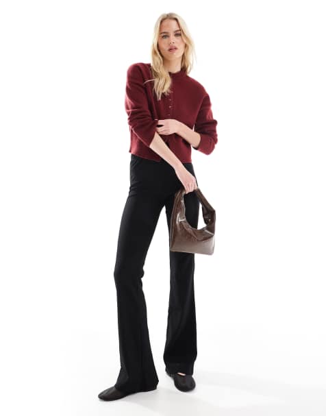 ONLY Tall high waist ribbed flare trousers in black