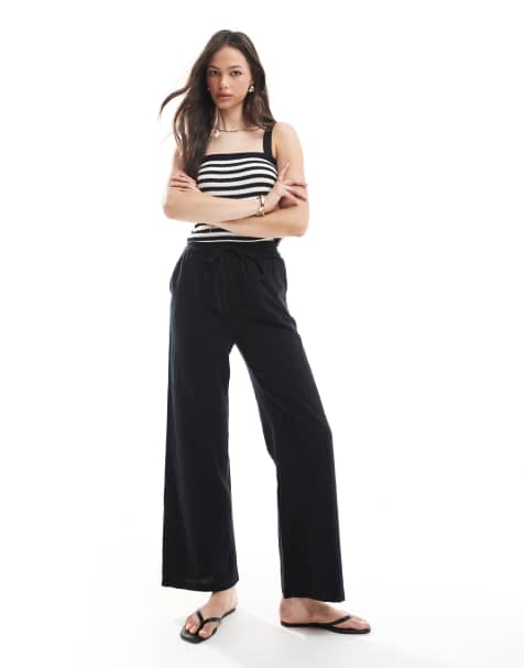 ONLY Tall wide leg linen look trousers in black