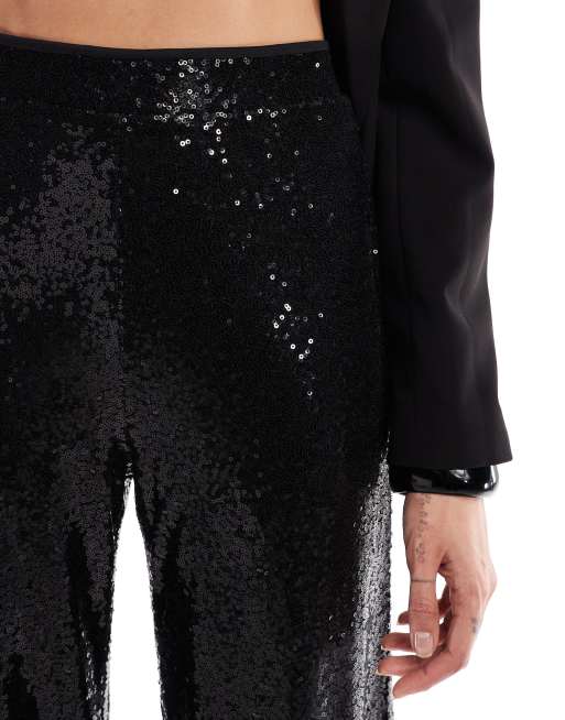 ONLY Tall – Czarne wciągane cekinowe spodnie z wysokim stanem, 5 z 5