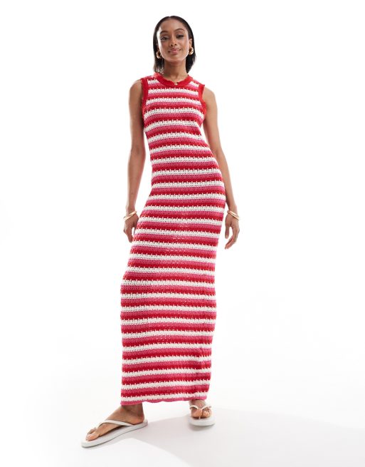 ONLY Tall – Czerwono-biała dzianinowa sukienka maxi w paski , 3 z 4
