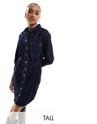 Only Tall Denim Button Down Mini Dress In Dark Blue