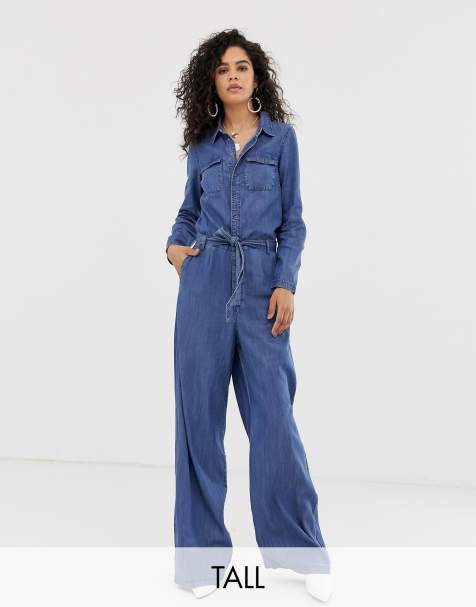 Only Tall denim button through wide leg jumpsuit