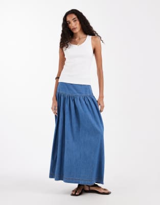 Only Tall Dropped Waist Denim Maxi Skirt In Blue