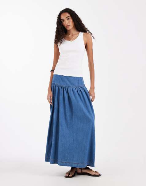 ONLY Tall dropped waist denim maxi skirt in mid blue