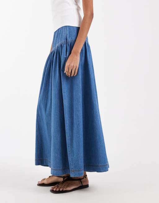 ONLY Tall dropped waist denim maxi skirt in mid blue, 2 of 5