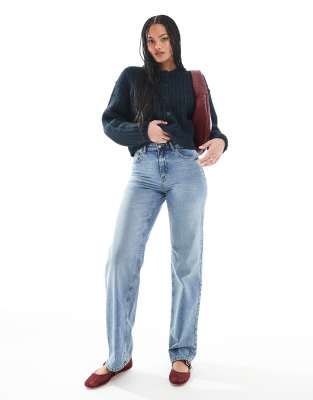 Ella mid waist straight fit jeans in mid blue