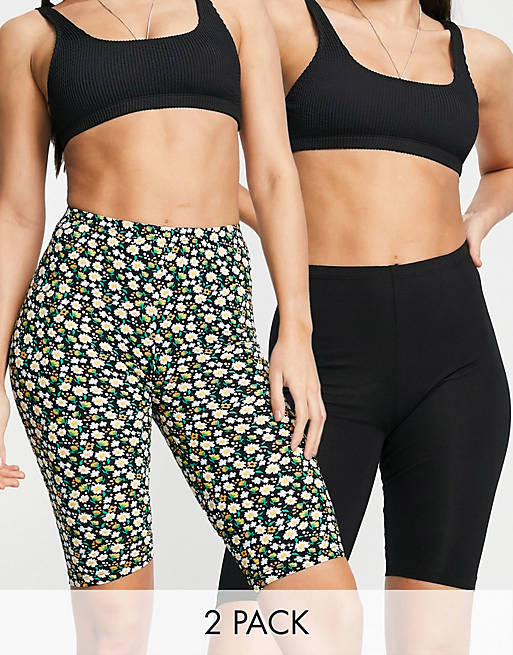 Only Tall exclusive 2 pack legging shorts in black and floral