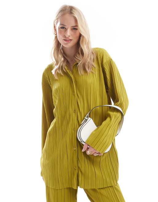ONLY Tall – Exklusive Plissee-Hemdbluse in Grün, Kombiteil 