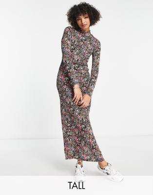 Only Tall - Exklusives Maxikleid in Schwarz geblümt mit Rollkragen und Seitenschlitz-Bunt