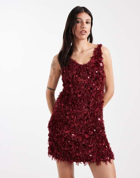 ONLY Tall faux feather sequin mini dress in burgundy - view 1