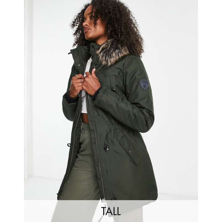 Only Tall faux fur hooded parka coat in dark green | ASOS