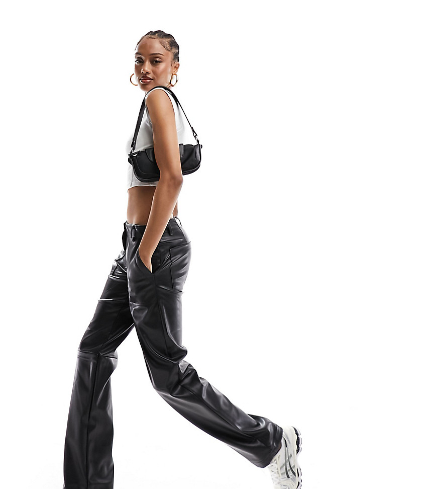 ONLY Tall faux leather straight leg trousers in black
