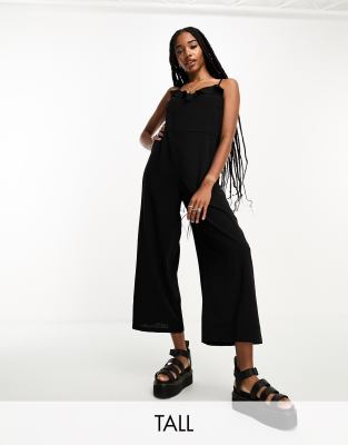 Only Tall frill detail belted jumpsuit in black