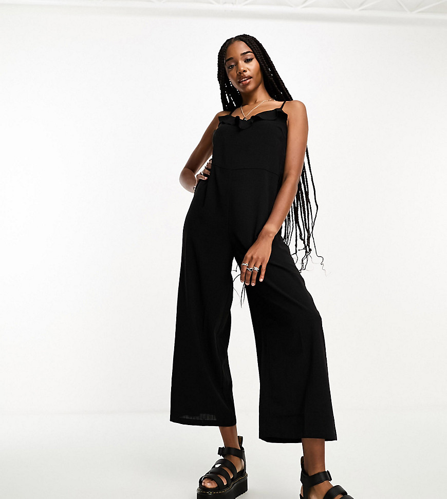 Only Tall frill detail belted jumpsuit in black